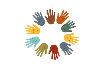 Set of human palms with different skin tones in a shape of circle. Concept of racial diversity. Concept of multiracial friendship, inclusivity, equality.