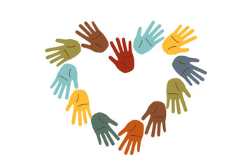 Set of human palms with different skin tones in a shape of heart. Concept of racial diversity. Concept of multiracial friendship, inclusivity, equality.