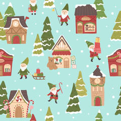 Winter Christmas north pole seamless pattern of elves on village shops vector illustrations