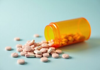 Prescription medication spilled from orange container on blue surface Colorful pills