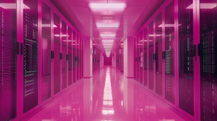 Futuristic neon data center  high tech server room with glowing pink and purple lights