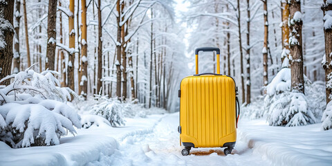 A vibrant yellow suitcase sits on a snowy trail amidst tall trees coated in white snow, creating a stark contrast in a peaceful winter landscape. This scene captures the essence of winter travel