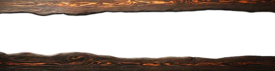 Burnt dark board with natural patterns on wooden surface with transparent and white background space for text in the middle.