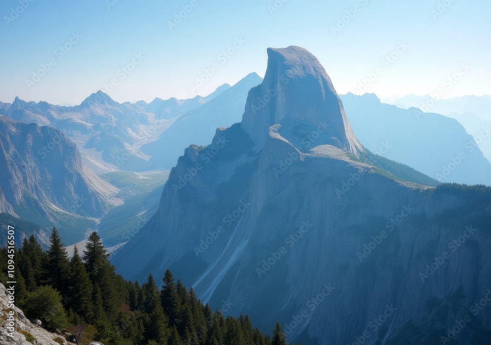 Wall mural Majestic snow-capped mountain towering over forested valleys in bright daylight