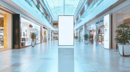 Roll-up banner mockup in a shopping center or mall setting with a wide empty space for advertisement