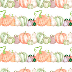 Hand drawn watercolor autumn pumpkins seamless pattern isolated on white background. Rural illustration Can be used for textile, fabric, scrapbook and other printed products.