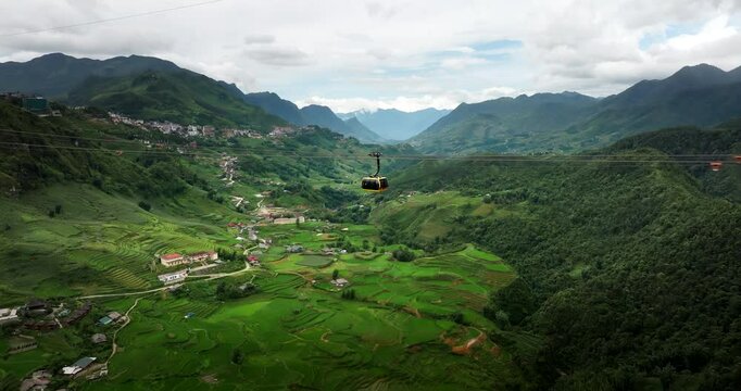 Sapa Sun World Fansipan gondola ride over scenic Muong Hoa Valley, aerial