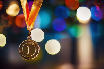 Close-up golden first-place medal with ribbon under vibrant lights