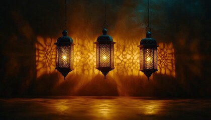 Fototapeta premium Three ornate lanterns casting intricate shadows on a wall, creating a warm ambiance.