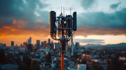 Modern Cell Tower Against Urban Sunset Sky