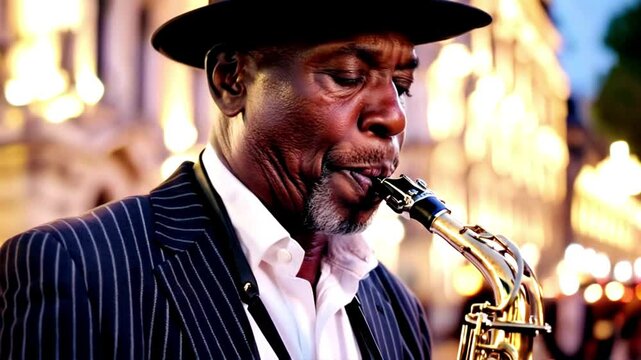 Stylish man in a pinstripe suit and hat passionately playing the saxophone on a lively city street, captured in stunning 4K quality.
