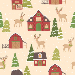 Winter Christmas north pole seamless pattern of reindeer and village homes barn stable vector illustrations