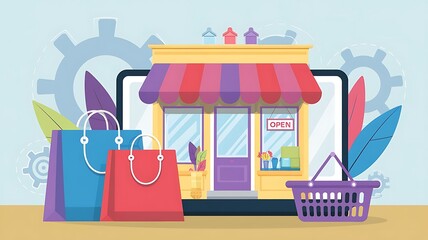 Obraz premium Playful and Modern Shopping Scene with Colorful Digital Storefront, Shopping Bags, and Laptop Display