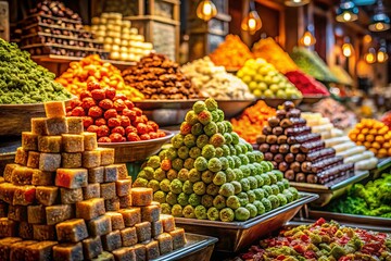 Obraz premium Captivating Low Light Photography of Exquisite Oriental Sweets Displayed in the Bustling Markets of Jerusalem, Highlighting Rich Colors and Textures for a Unique Culinary Experience