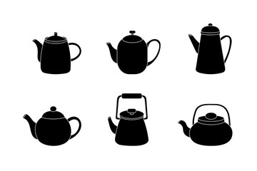 Collection of six black teapot silhouettes in various designs