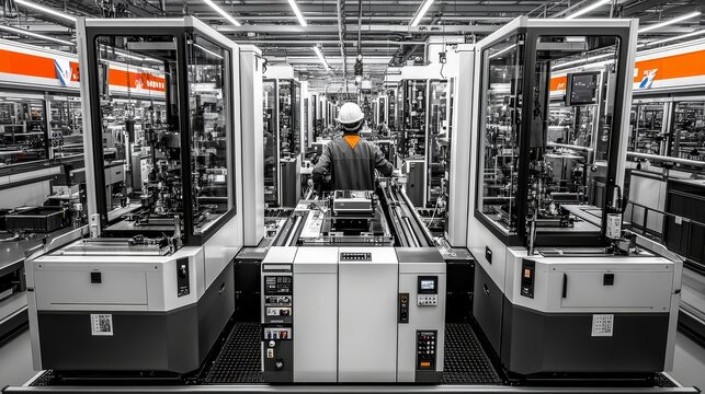 A lone worker amidst rows of automated machinery in a warehouse