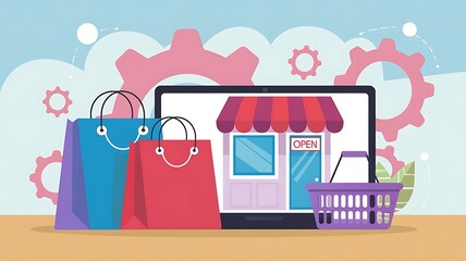 Obraz premium Playful and Modern Shopping Scene with Colorful Digital Storefront, Shopping Bags, and Laptop Display