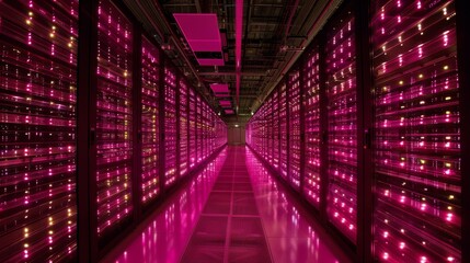 Futuristic neon data center  a glowing server room with high tech racks and sleek floors