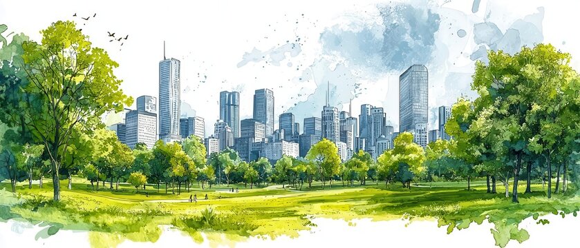 A vibrant watercolor city skyline surrounded by lush green trees and grass