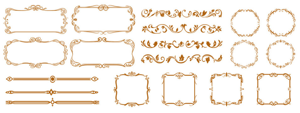 Decorative design set featuring flourish borders, corner elements, and frames, ideal for invitations, menus, and page embellishments. Perfect for enhancing layouts with elegant vector details.