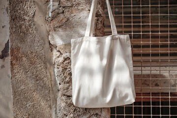 White tote bag hanging on weathered stone wall with metal wire net background, soft fabric creases, and shadows creating a sleek, minimalist aesthetic