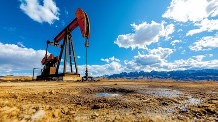 Naklejka premium A pump jack stands against a vibrant blue sky with scattered clouds, highlighting the oil extraction process in an open landscape.