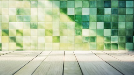 Serene setting with green tiled background and smooth wooden surface