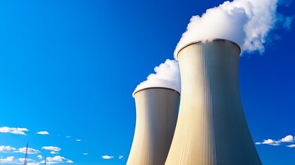 Nuclear facility cooling towers under clear blue sky
