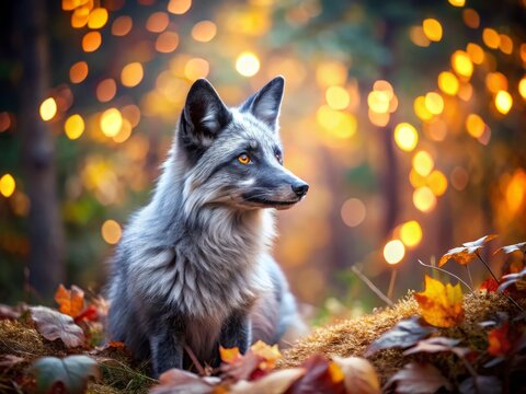 Captivating Silver Fox in a Dreamy Forest Setting with Bokeh Effect, Showcasing Its Lush Fur and Playful Nature Amidst Softly Blurred Background for Nature Photography Lovers