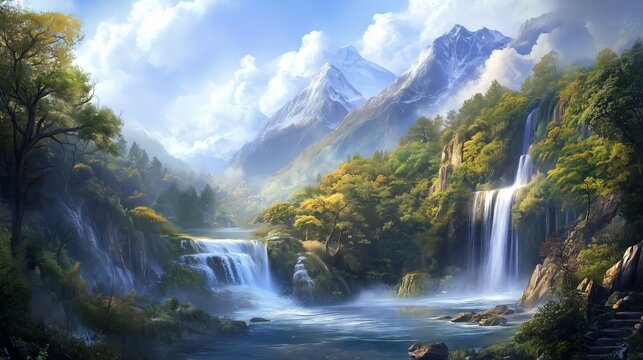 Beautiful early morning mist on a mountain lake, trees and waterfall scenery, Mountain landscapes, scenery mountain.