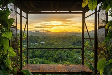Fototapeta premium A scenic view from a structure overlooking lush greenery and a vibrant sunset.