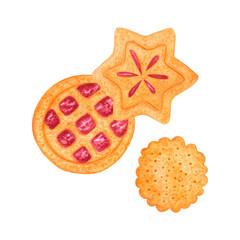 Hand drawn watercolor autumn cookies with jam composition isolated on white background. Can be used for postcard, label, scrapbook and other printed products.