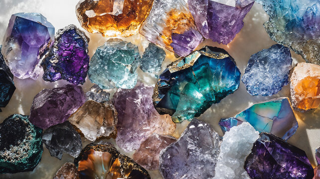 Gemstones and crystal minerals displayed in vertical slices showcasing iridescent peacock ore, amethyst, and fire opal