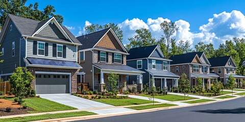 Row of modern houses with green lawns and a paved street in front.