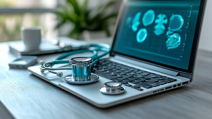 laptop with stethoscope on it, showcasing medical imaging and health technology. This represents integration of healthcare and digital innovation, emphasizing modern medical practices