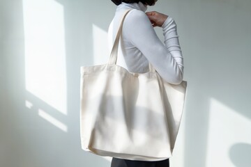 Blank white tote bag with smooth fabric texture draped over shoulder of person in white turtleneck against soft gray background with subtle shadows