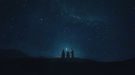 Fototapeta premium Silhouette of Holy Family in stable under starry night sky
