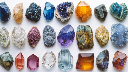 Diverse crystal gemstone and mineral display with collection of diamonds, sapphires, opals, and labradorite