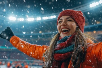 A joyful woman in winter attire celebrates in the snow at a sports event.