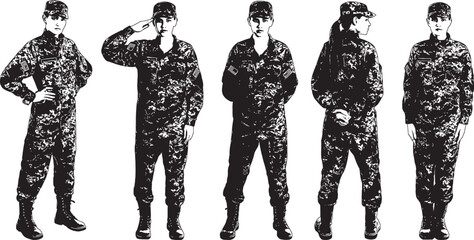 Vector Silhouette Collection: Clean and Bold Designs Set with female soldier on white background. Military service