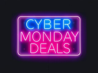 Obraz premium Hyper realistic photo of a Light Blue CYBER MONDAY DEALS Neon Sign on an elegant Dark Background, isolated on white background, copy space, stock photo, sale