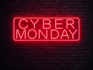 Obraz premium Hyper realistic photo of red neon Cyber Monday sign on dark brick wall, urban vibe, trendy, online shopping event, isolated, white background, copy space, text space, stock photo, dark brick wall