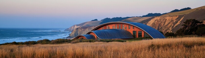Scenic coastal view featuring modern architecture near the ocean and grassy hills.