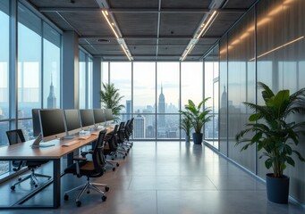 Modern office interior with large windows and sleek furniture