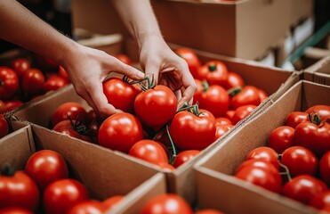 Hands picking a fresh tomato in a grocery store