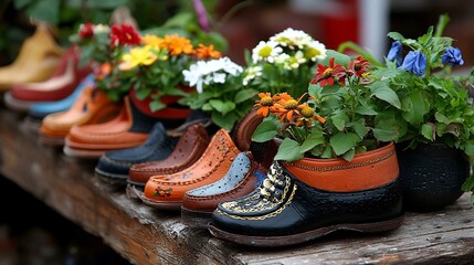 Vibrant Upcycled Shoe Flower Pots Arranged in a Lush Playful Garden