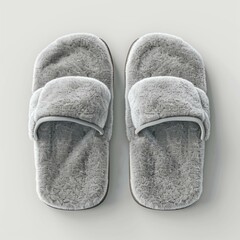 Comfortable grey slippers provide warmth and relaxation on a clean white surface, perfect for a cozy day at home
