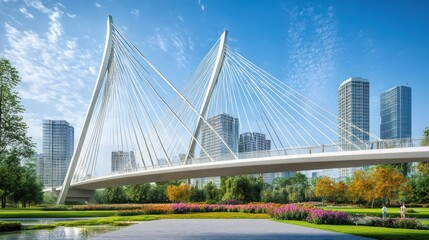 Fototapeta premium Modern cable-stayed bridge in an urban park, surrounded by greenery and skyscrapers.