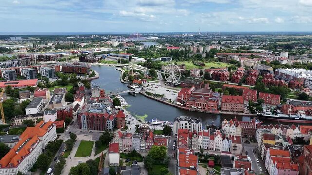 Aerial View of the City with Canals and Bridges, Gdansk, Poland.