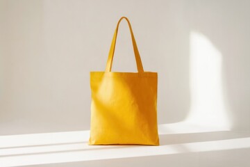 ellow blank tote bag upright on neutral background with flat lighting and soft shadows highlighting the vibrant color and minimalist design